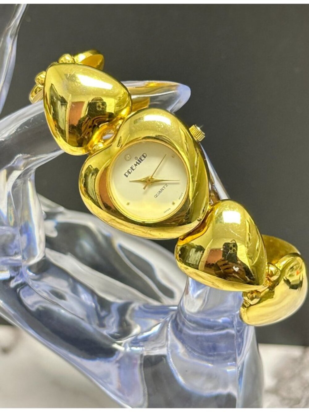 Vintage Heart Watch Women Gold Tone White Dial Chunky Statement 6.75"